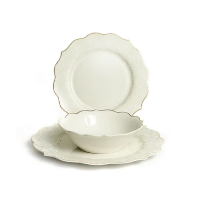 סט צלחות 18 חל' לבן זהב תחרה דגם VALERIE BONE CHINA
